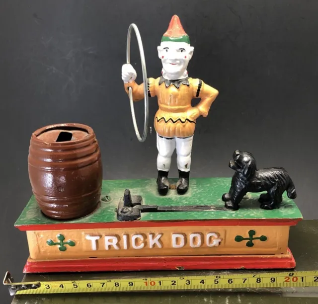 Vintage Cast Iron Trick Dog and Circus Clown Mechanical Bank Works!!
