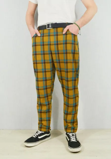 MENS BESPOKE SLIM Fit Tartan Check Sta Press Style Trousers 60s Mod  Yellow/Navy $41.26 - PicClick
