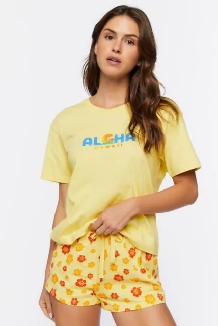 Forever 21 Women's 2 Piece Yellow Aloha Tee & Floral Shorts PJ Pajama Set S New