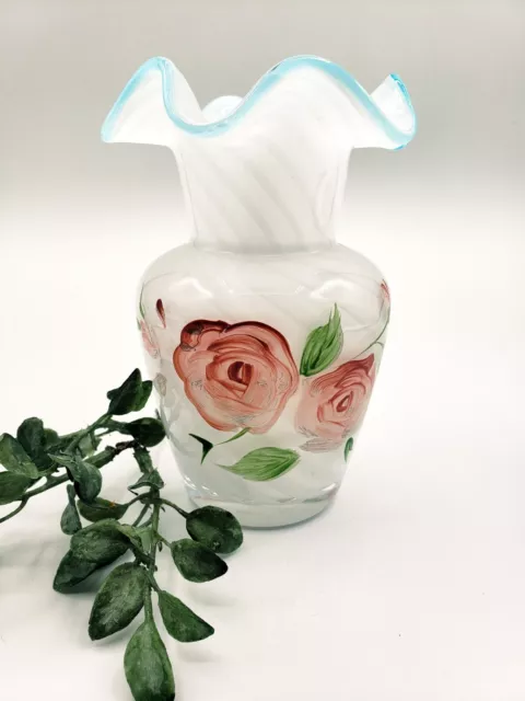 Fenton Style Pink Roses Ruffle Vase Optic Swirl Cased White Aqua Blue Teleflora