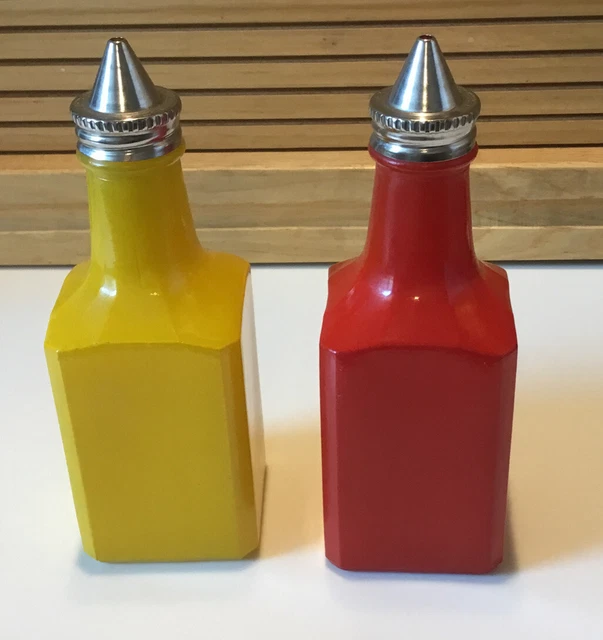 Vintage Pantry Pops Gemco USA Red Yellow Fired-On Glass Oil & Vinegar Bottles