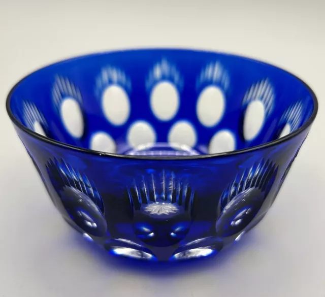 Vintage Antique Cobalt Blue Cut to Clear Round Glass Finger Bowl Bohemia ￼