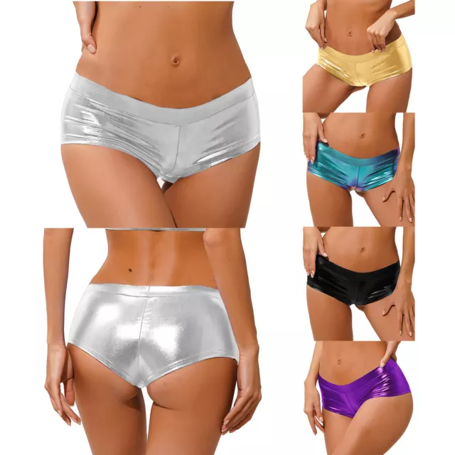 Women Metallic Leather Booty Shorts Liquid Wet Look Hot Pants Rave Dance Bottoms 2