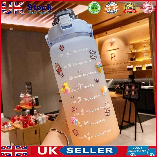 2L Water Bottle Straw Cup Sport Time Scale Jug w/ Stickers (Gradient Blue)