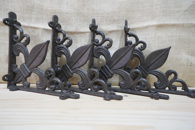 4 Cast Iron Fleur De Lis Shelf Brackets Rustic Vine Brace Corbel Door Garden