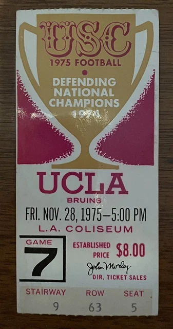 USC Trojans vs UCLA Bruins 1975 football ticket- Los Angeles Coliseum