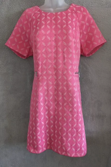 M&S Ladies Shift Dress Size 16 Pink Sleeves Lined Zip Up Winter Warm Knee Length