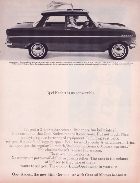 Print Ad Opel Kadett 1964 Sun Roof Sedan Full Page Large Magazine 10.5"x13.5"