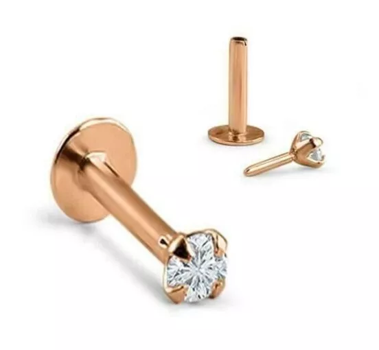 0.10Ct Natural Diamond Single Stone Nose Piercing Pin 18G Solid 14k Rose Gold