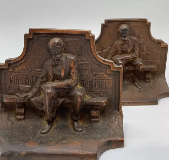 Solid Bronze Abraham Lincoln Bookends Antique Seated Bench Capitol Numbered 102