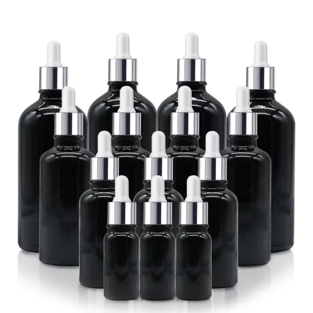 BLACK Glass Dropper Bottle with SILVER Pipettes Oils Aromatherapy Ear Eye Drops