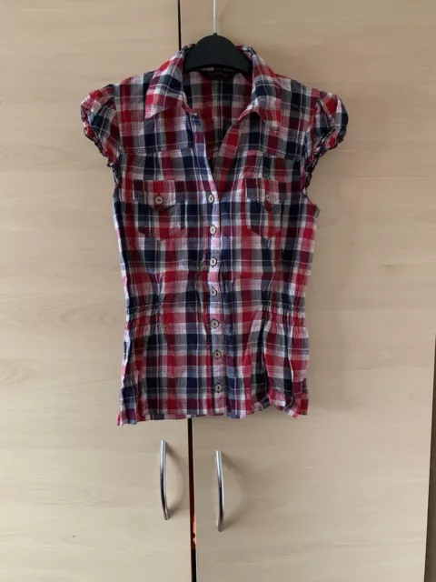 Miss Selfridge Women Short Sleeve Red/blue/cream Check Blouse  Size Uk 8