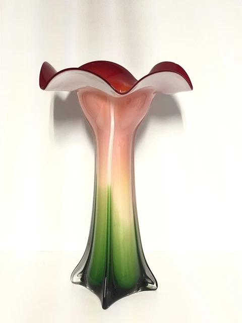 Pier 1 White Green Stem Jack In The Pulpit Red Lily Flower Art Glass Vase 15"