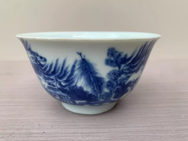 Chinese Antique Blue And White Landscape Porcelain Bowl Four Characters Mark