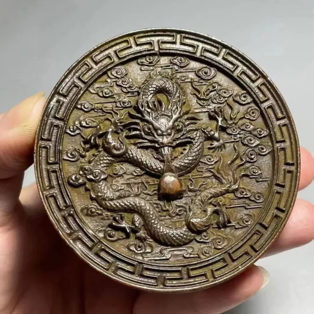 Vintage Chinese Brass Ink stone Dragon Eight Diagrams