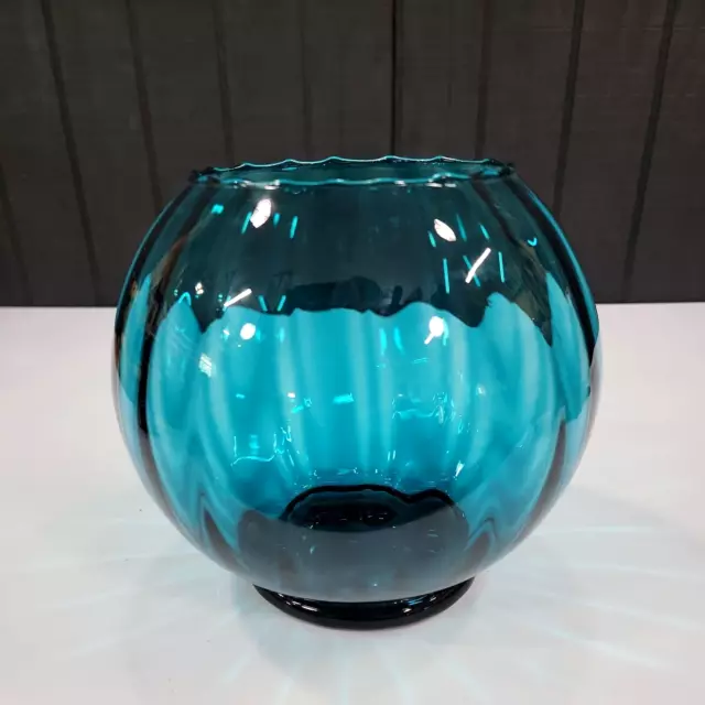 VTG Glass Fish Bowl Vase Hand Blown Dual Tone Blue Striped Clear MCM Retro Decor