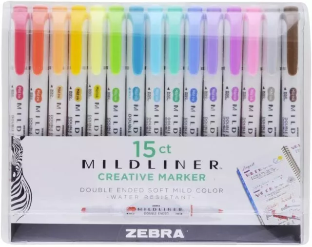 Zebra Pen Mildliner Highlighter Double Ended Pen - Broad & Fine Tips - 15 Pack