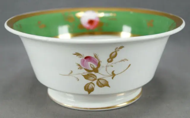 Mid 19th Cent British 371 Hand Painted Floral Green & Gold Porcelain Waste Bowl