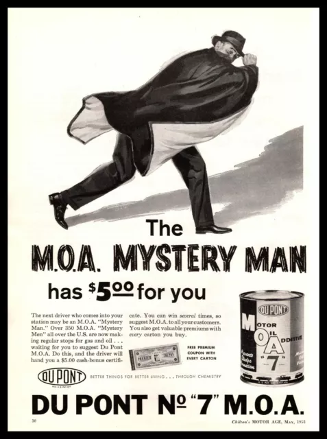 1958 Du Pont No. 7 M. O. A. Motor Oil Additive "7" Mystery Man Vintage Print Ad