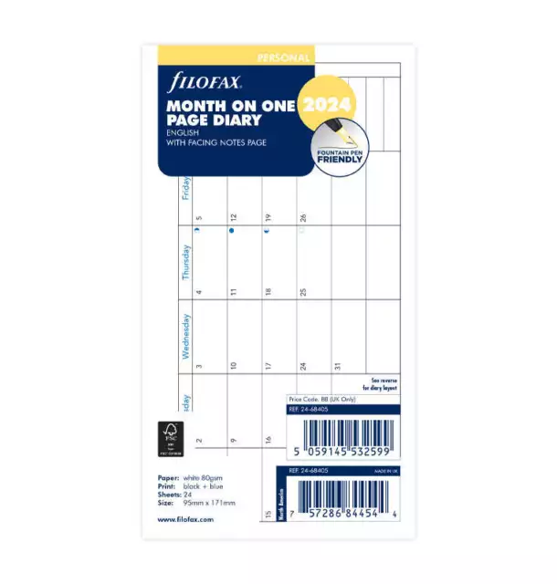 2024 FILOFAX Personal Month On 1 Page Diary with Notes - 68405