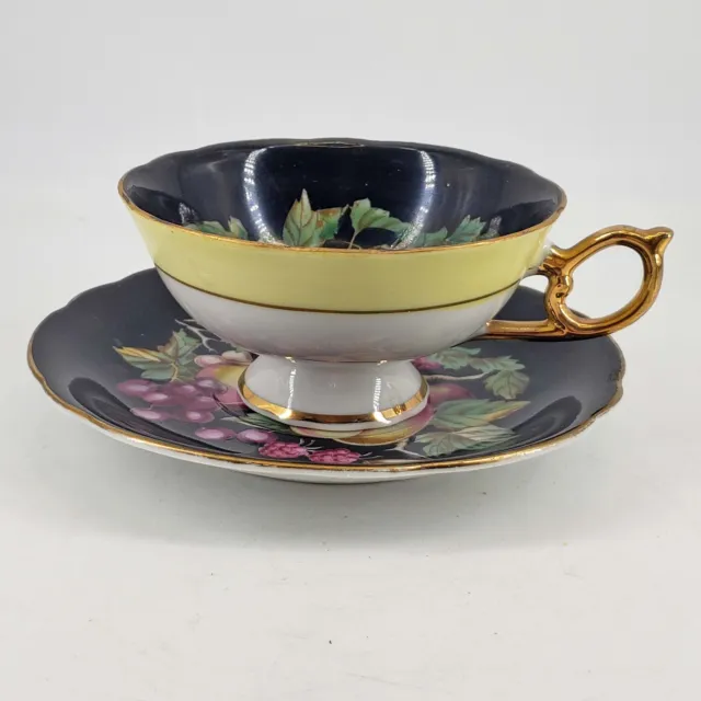 Royal Sealy Porcelain Tea Cup & Saucer China Black Orchard Plums Grapes Berries