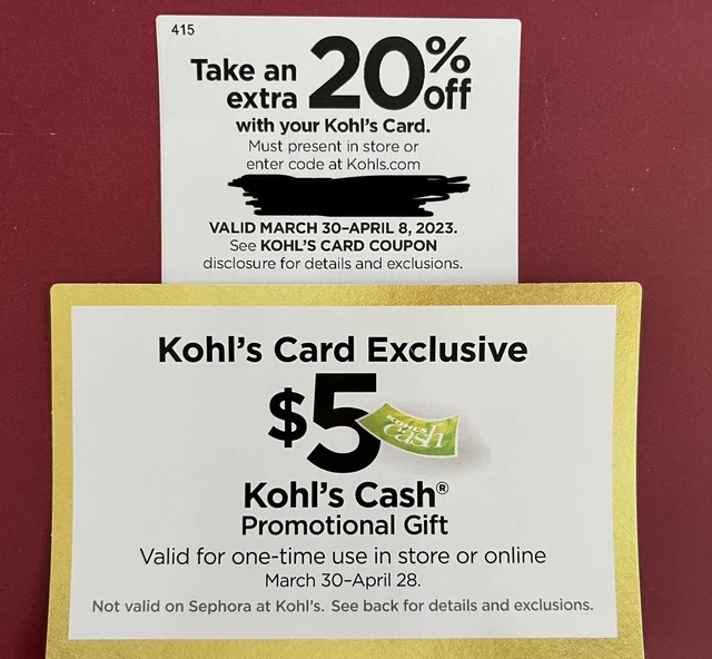 Kohls Cash $5 Valid 03/30/23-04/28/23 + 20% Off Valid 03/30/23-04/08/23