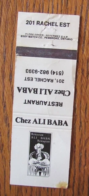 Ali Baba Restaurant Matchbook Cover: Montreal, Quebec Empty Matchcover -C4