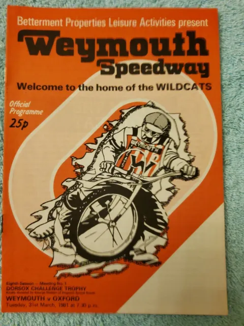 WEYMOUTH WILDCATS 1981 FIRST MEETING versus OXFORD CHEETAHS.  31st MARCH