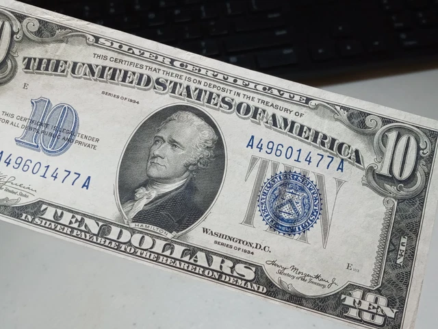 Nice 1934 $10 Ten Dollar Silver Certificate Note Blue Seal, A76 8