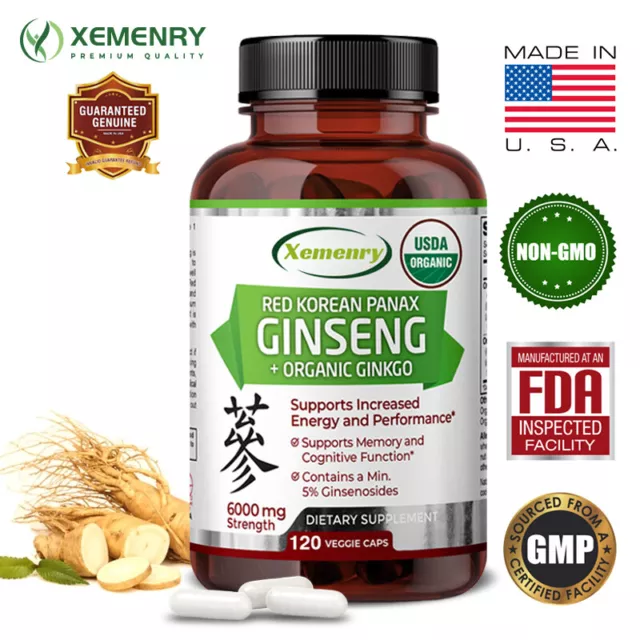 Red Korean Panax Ginseng+Organic Ginkgo -Testosterone Booster,Energy & Endurance