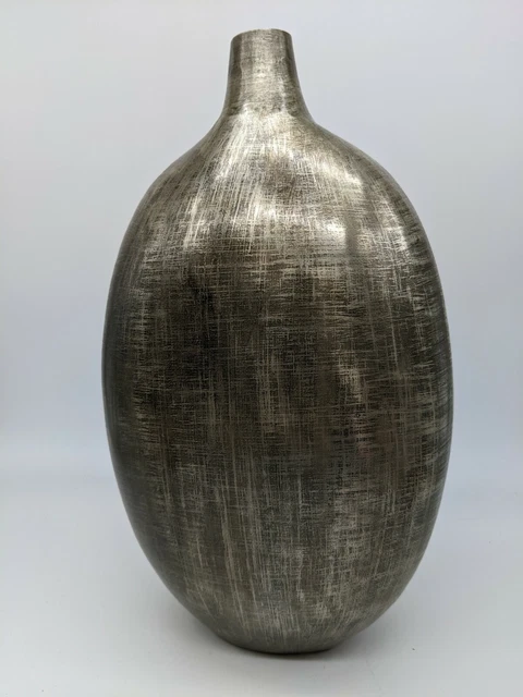 Neiman Marcus Silver Tone Metal Vase Ovoid Oval Global India Large Pattern 14"