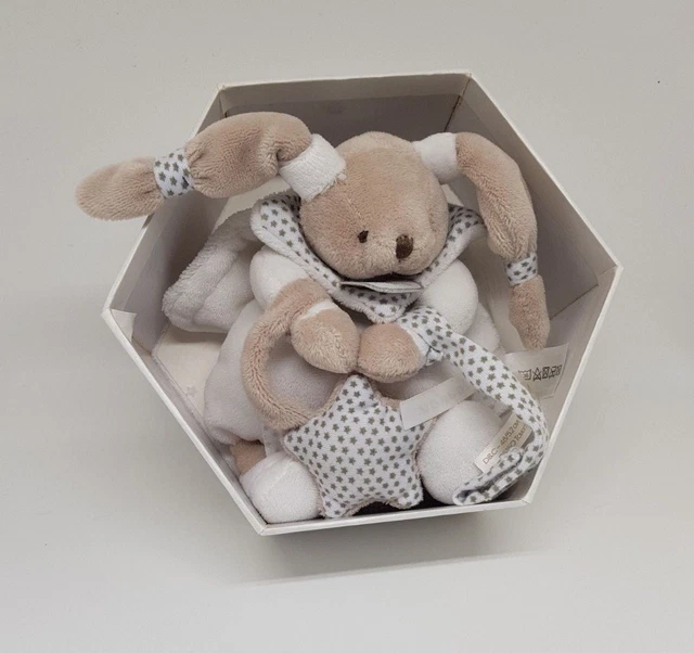 Doudou et compagnie Céleste lapin  cape attache tétine blanc gris étoile NEUF