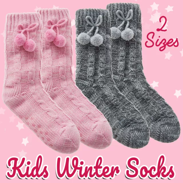 Kids Girls Knitted Chunky Thermal Socks with Grippers Sherpa Lining Pom Poms UK