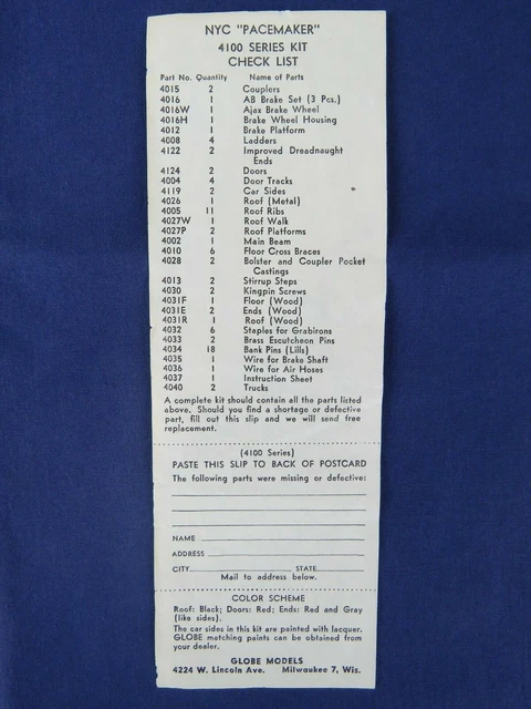 ORIGINAL VINTAGE CHECK List Globe Models NYC Pacemaker 4100 Series Kit ...