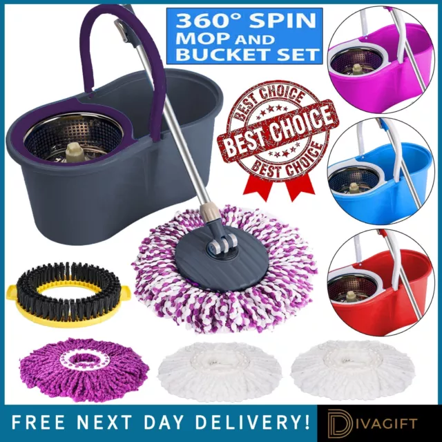 360 Floor Magic Spin Mops Bucket Mop Set Microfiber + 4 Mop Head Pads Brush New