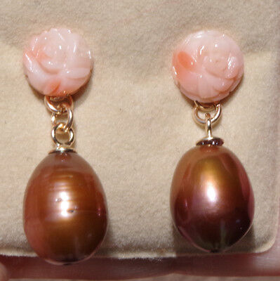 Gorgeous 14K Angel Skin Rose Coral W 10Mm Brown Pearl Drop Earrings  Jackets