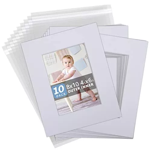 Acid Free 8x10 Frame Mat Set, White 8x10 Matte for 5x7 Pictures with Core Bev...