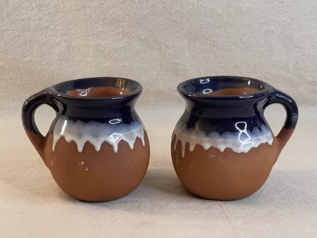 Set of 2 Mexican Jarritos Drip Glazed Terracotta Clay Mugs Blue And White