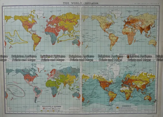 Antique Map 232-574 World - Population - Demographics by Bartholomew c.1900