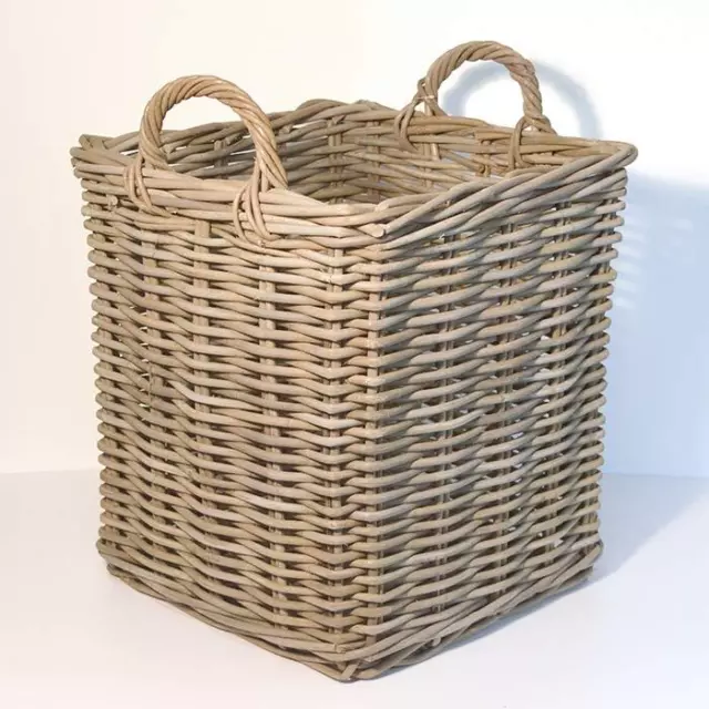 Fireside Square Medium Log Basket Wicker Rattan Stove Wood Toy Storage - Grey