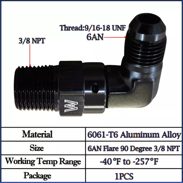 Aluminum Black 90 Degree -6 AN Male To 3/8" NPT Male Fitting Adaptor Connector