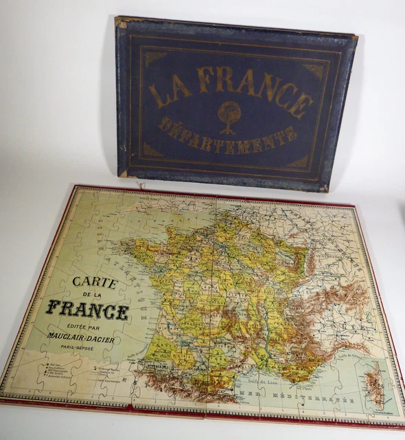 Grand Puzzle Ancien Mauclair-Dacier – Carte Des Départements Français, édition 1900, Boîte Bois