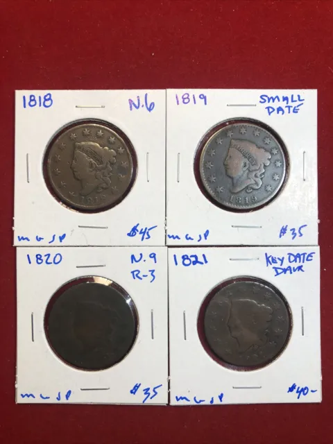 Large Cent Lot (4) Coins 1818-1821
