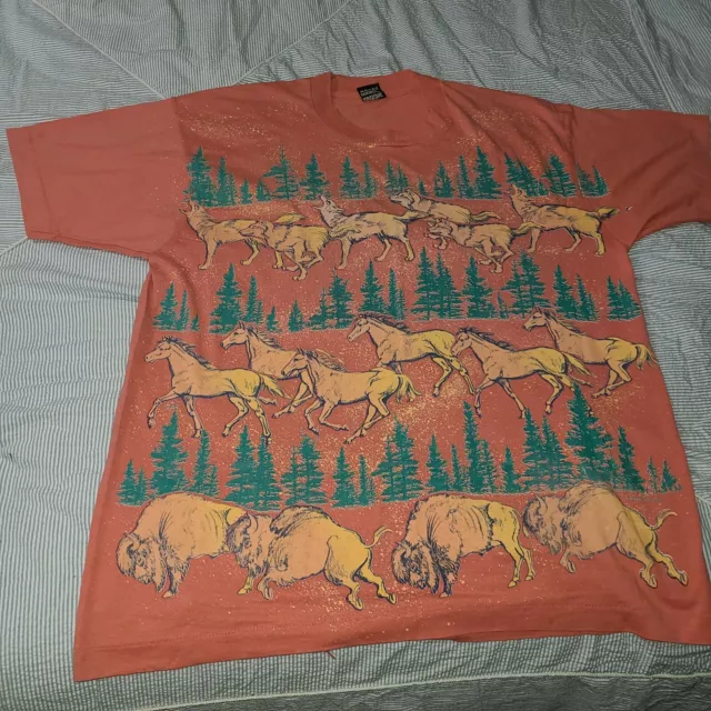 Vintage Horse Wolf All Over T-Shirt Adult XL Wildlife 90s Single Stitch USA