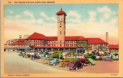 Union Station~Portland, Oregon~Vintage Cars~Linen Postcard~Unposted
