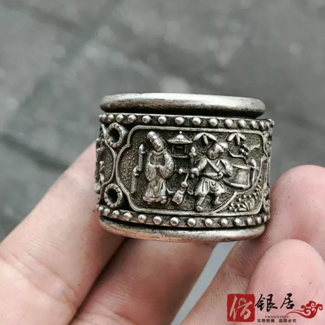 Exquisite Old Chinese tibet silver handcarved Character Pull finge Ring statue 9