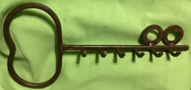 Vintage Wall Mounted Key Rack. Oversized Wrought Iron Skeleton Key w/ 6 Hooks.