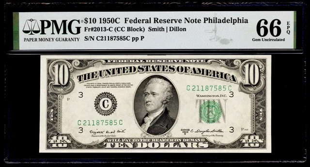 1950C Federal Reserve Note Philadelphia $10 Note Smith/Dillon PMG Gem 66 EPQ