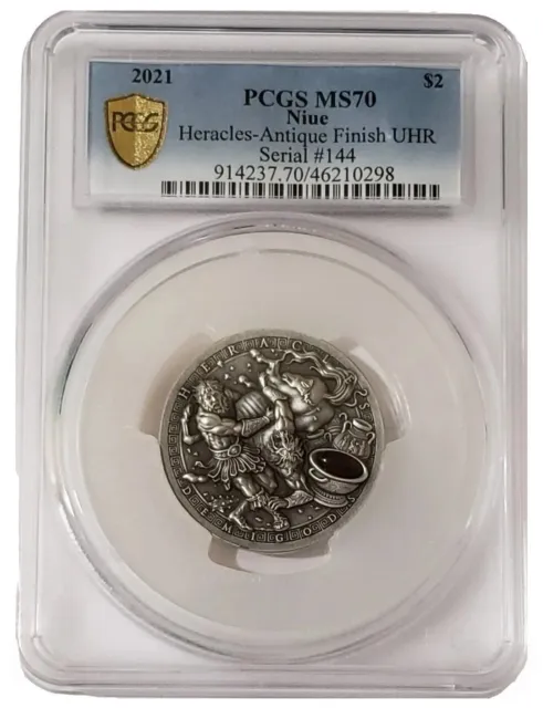 2021 2 Oz Silver $2 Niue Demigods HERACLES PCGS MS70 Gold Shield Coin.