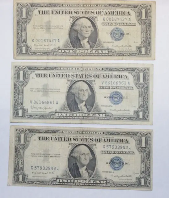 1935-G, 1957 A/B, 1 Dollar Silver Certificate USA a Lot of 3 Value Banknotes-C25